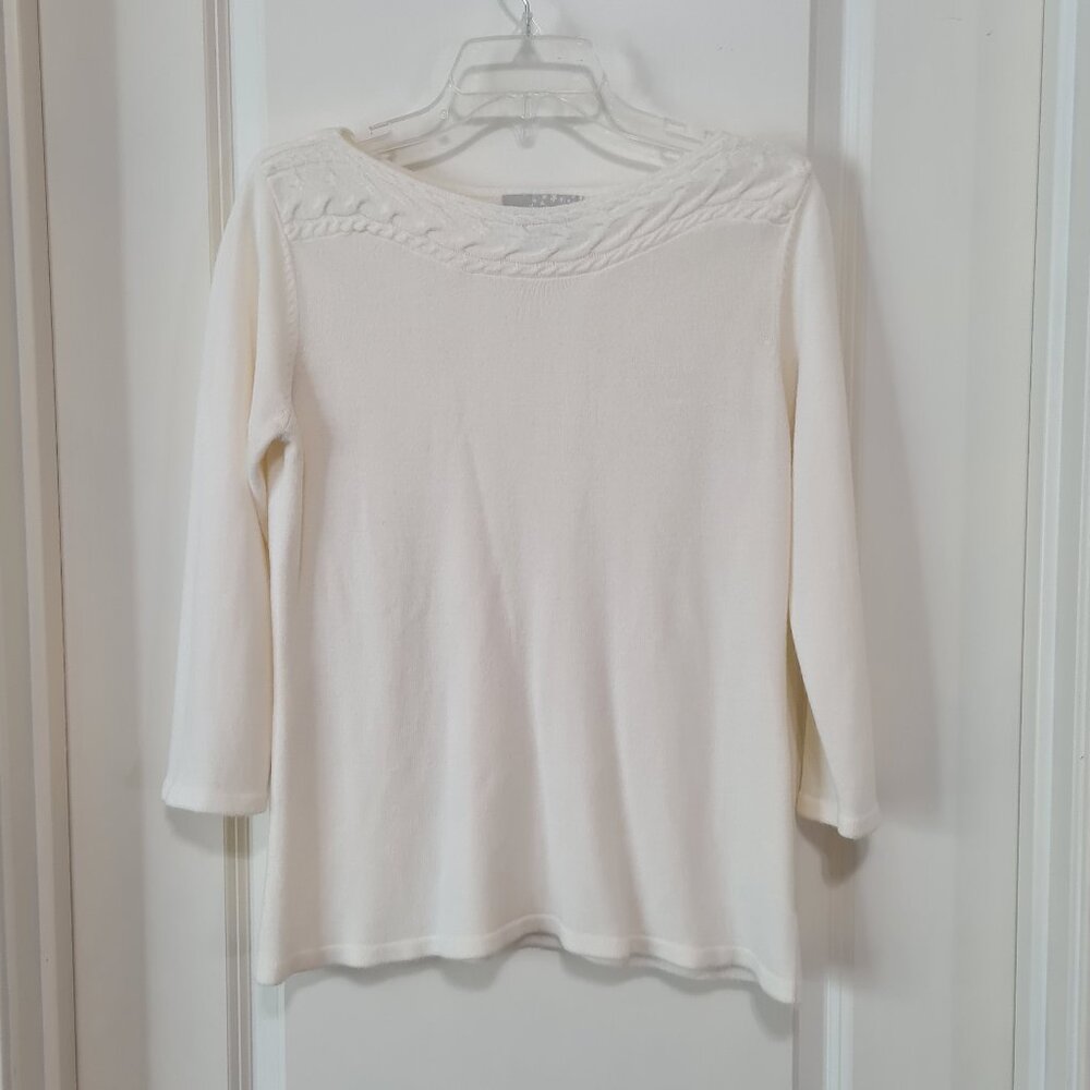 Carolyn Taylor Ivory Boat Neck, Cable Knit Trim, Pullover Sweater, Small